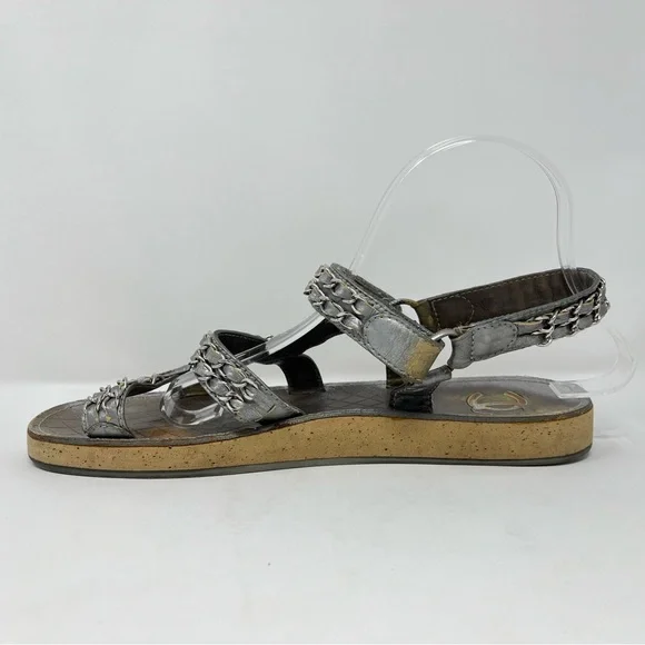 SOLD// Chanel Silver Metallic Chain Dad Sandals CC Logo Leather 40C 40 9 9.5 - Picture 5 of 14